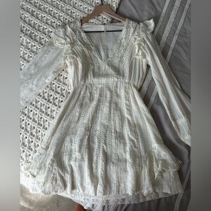 Free People White Ruched V-Neck Long Sleeve Dress